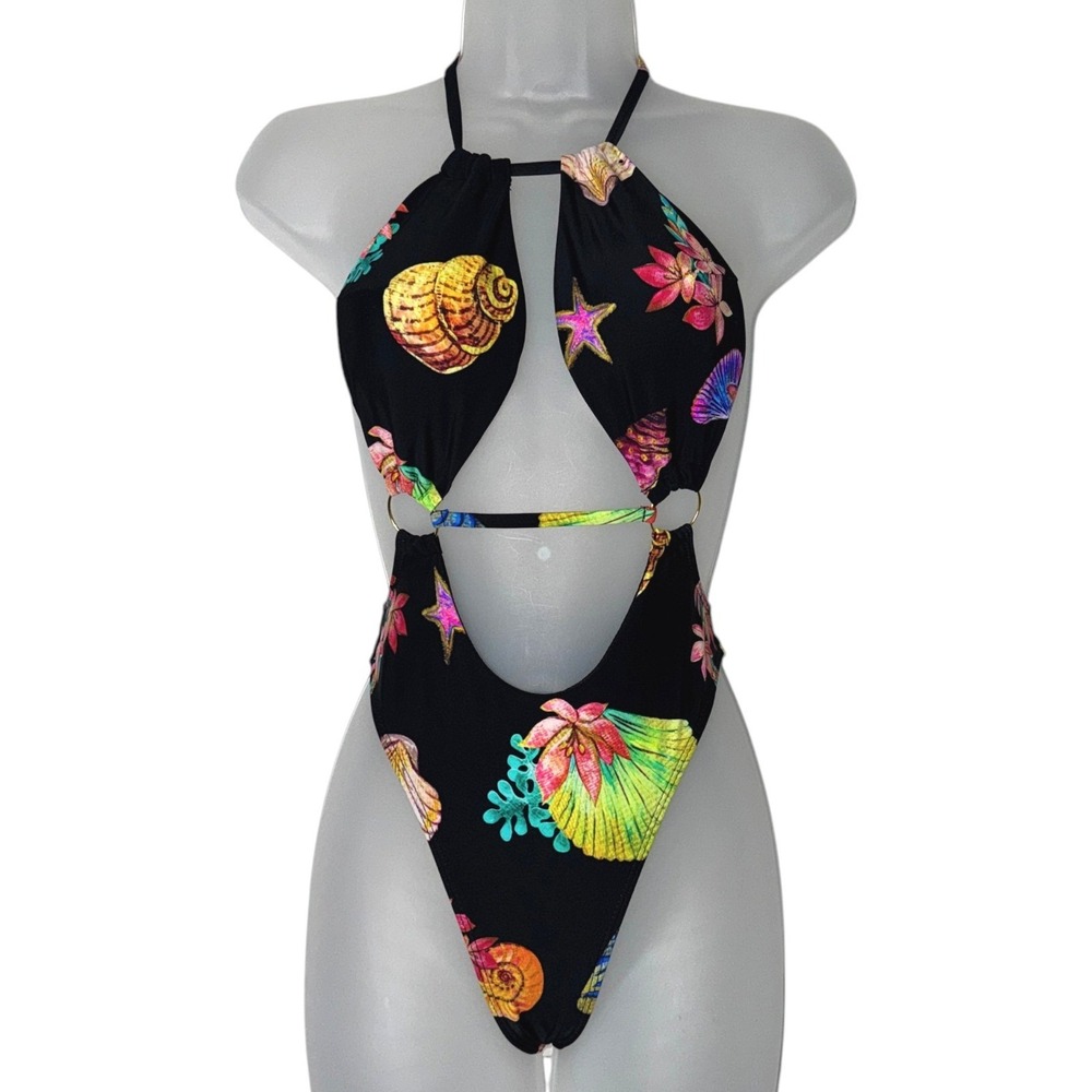 New Medium Retro Beach Print Cutout Halter One Piece Swimsuit Black Neon Sexy